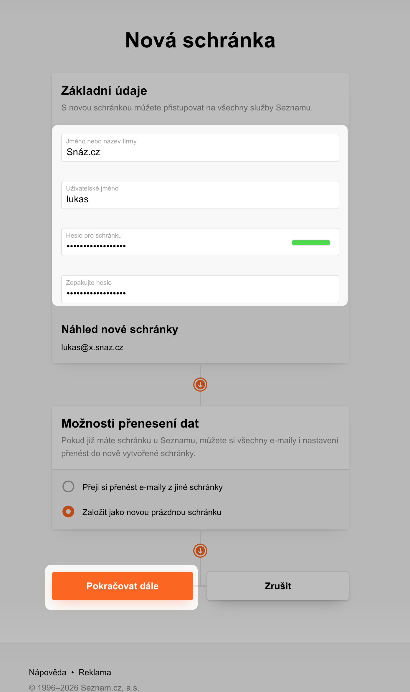 Zadejte údaje pro novou schránku