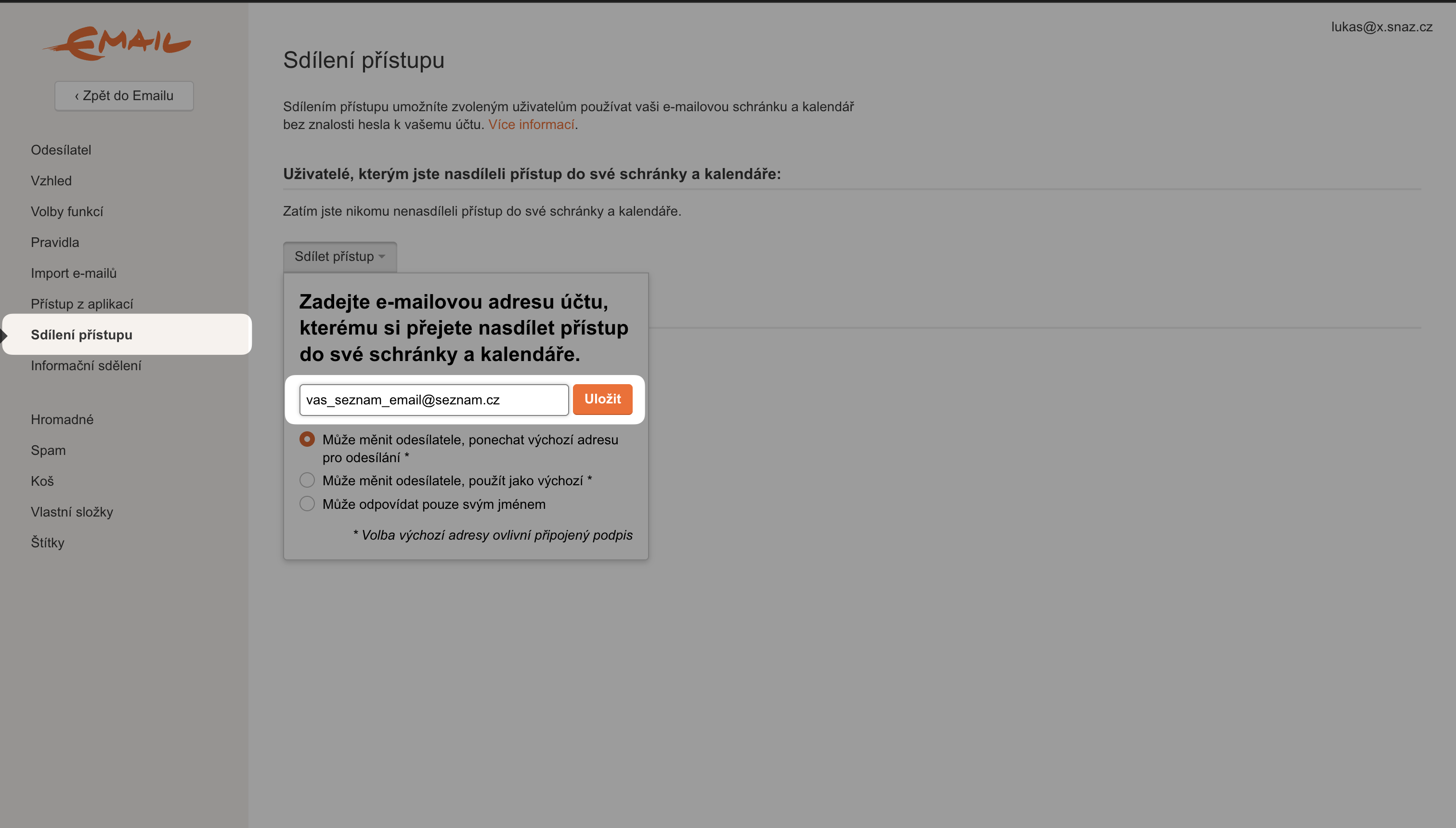 Zadejte váš osobní Seznam email pro sdílení přístupu