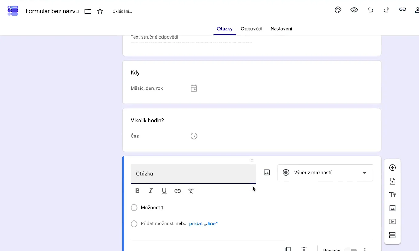 Tvorba rezervačního formuláře v Google Formulářích — pole datum, čas a počet osob