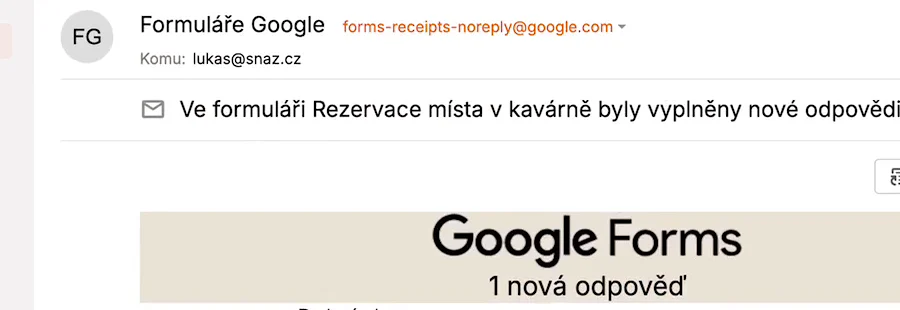 E-mail z Google Formulářů s upozorněním na novou odpověď v rezervačním formuláři
