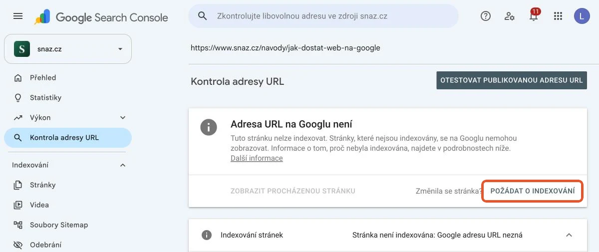 Kontrola adresy URL v Google Search Console: Adresa URL na Googlu není, se zvýrazněným tlačítkem Požádat o indexování