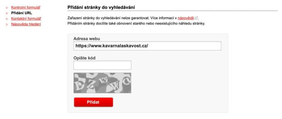 Formulář Seznamu Přidání stránky do vyhledávání s vyplněnou adresou webu a kontrolním kódem