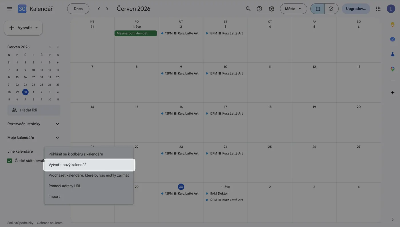 Nabídka s položkou Vytvořit nový kalendář v Google Kalendáři