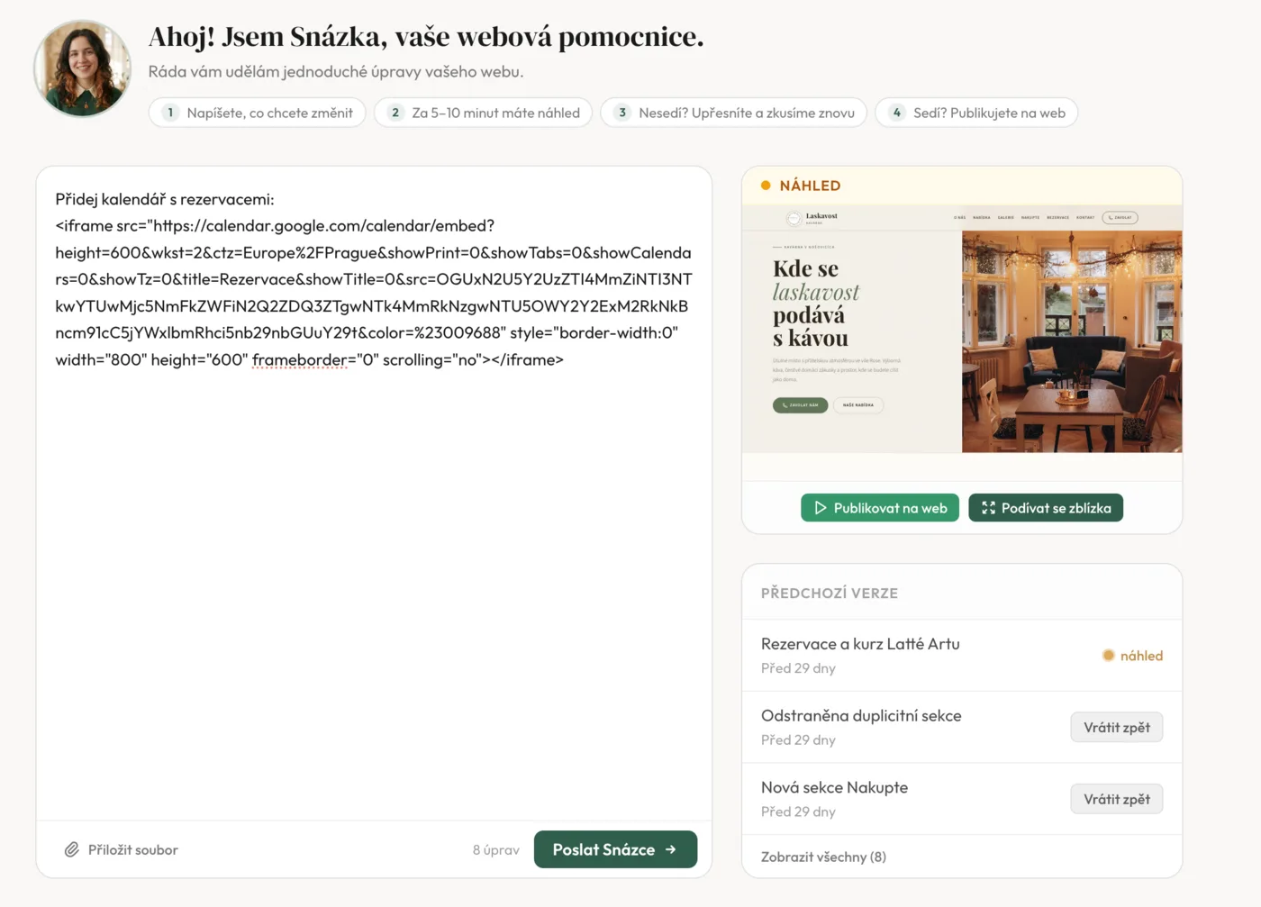 Chat se Snázkou s vloženým kódem kalendáře a náhledem webu kavárny Laskavost