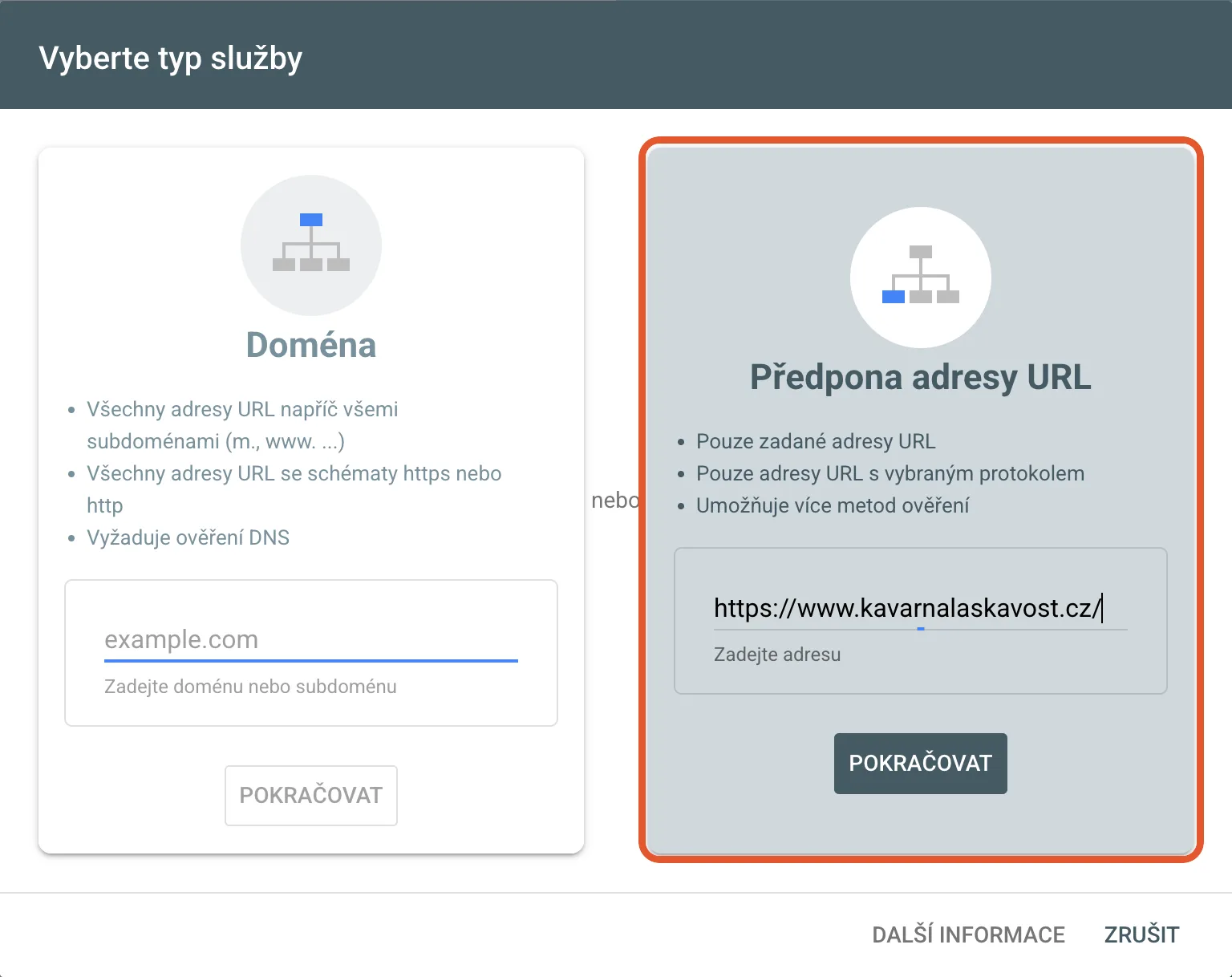 Výběr typu služby v Google Search Console se zvýrazněnou možností Předpona adresy URL