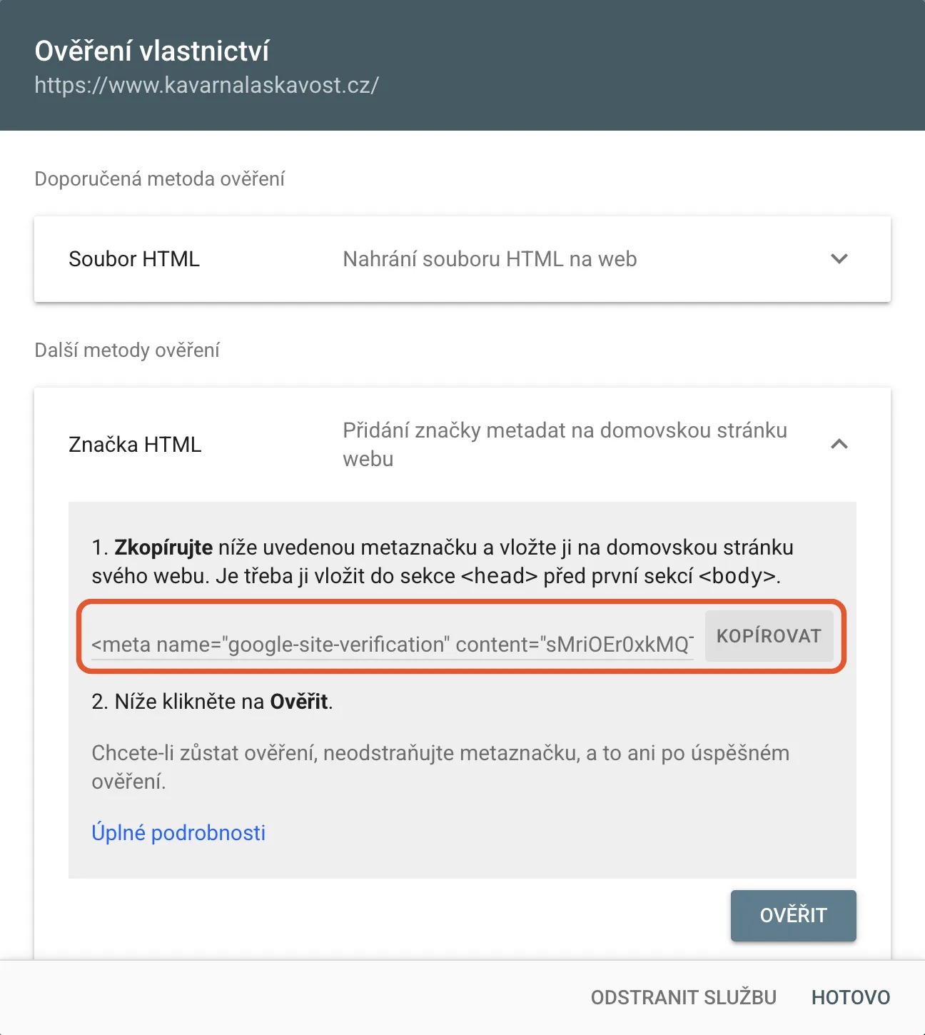 Ověření vlastnictví v Google Search Console s rozbalenou Značkou HTML a tlačítkem Kopírovat