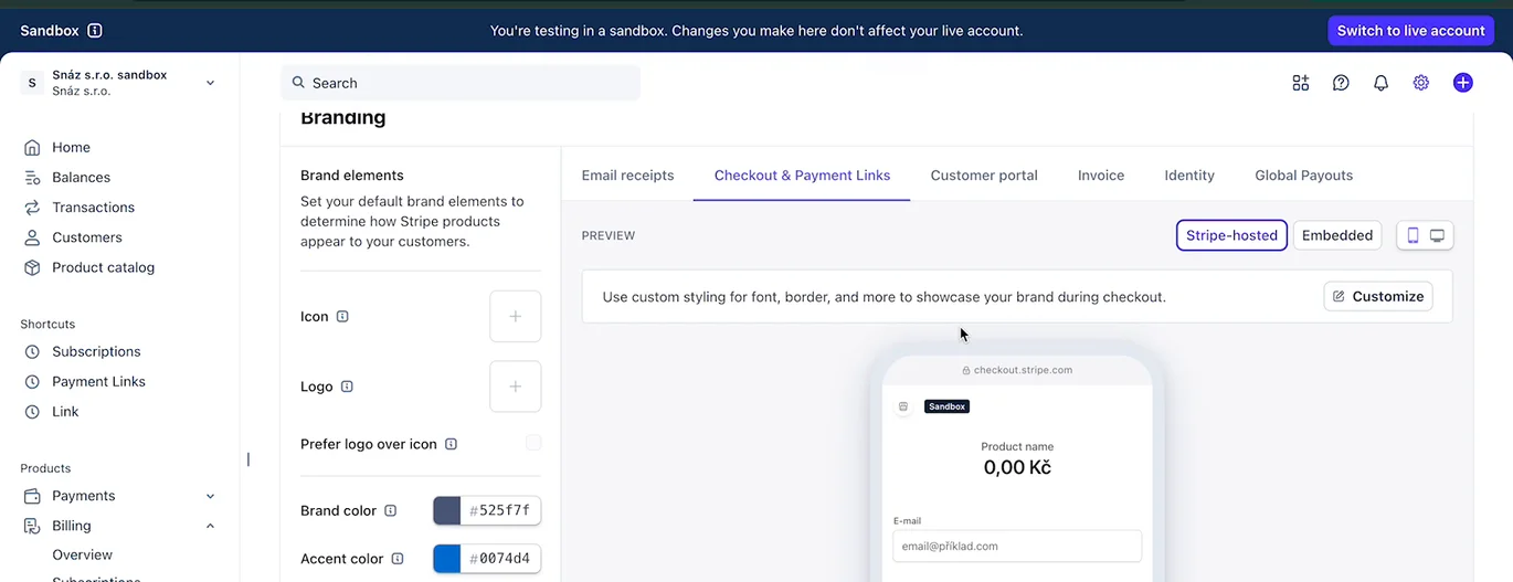 Nastavení vzhledu platební stránky ve Stripe, barvy a logo, s živým náhledem platby