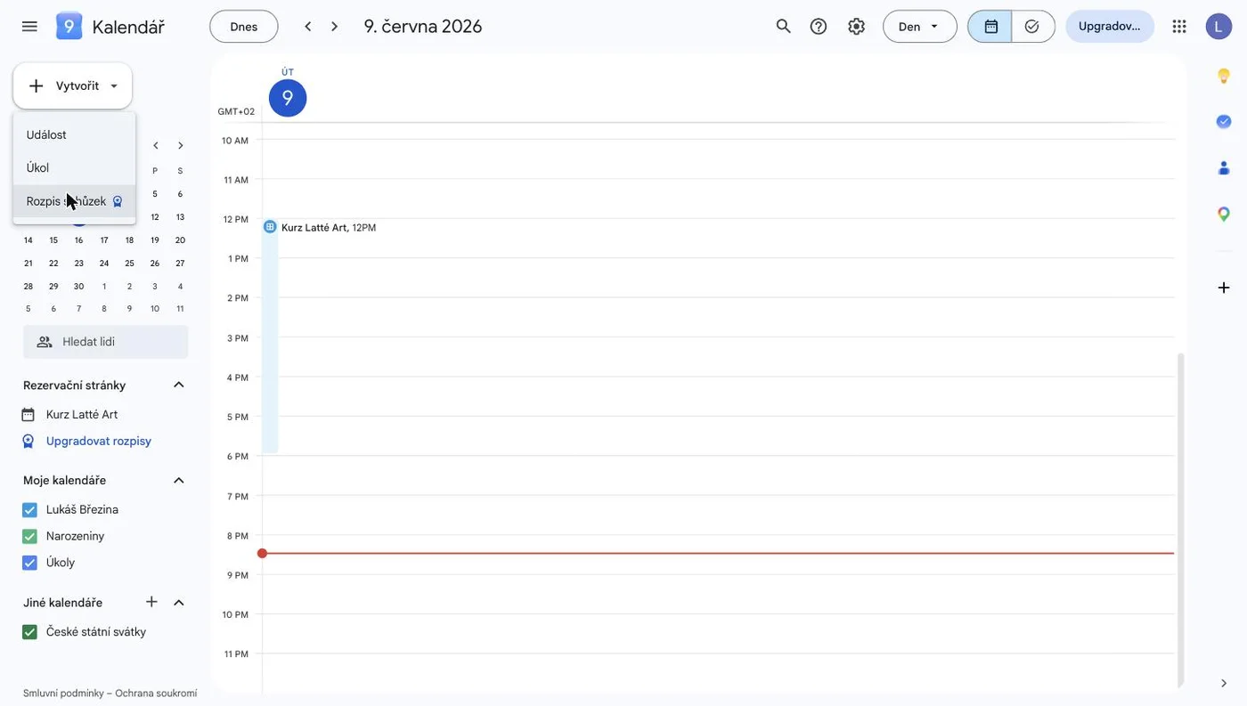 Nabídka Vytvořit v Google Kalendáři s položkou Rozpis schůzek