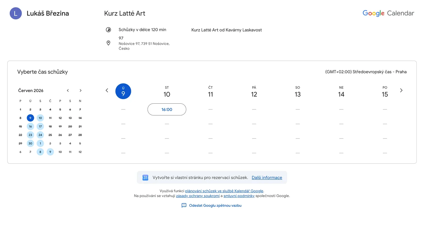 Veřejná rezervační stránka kurzu latté art s kalendářem volných termínů