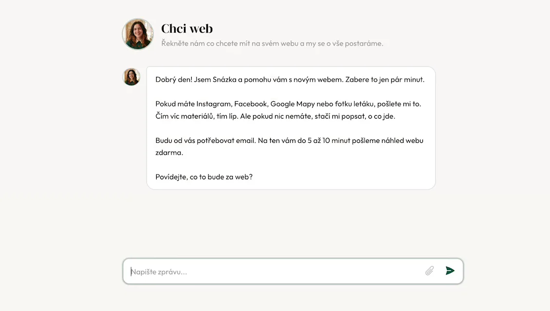 Úvodní rozhovor se Snázkou — virtuální pomocnice se ptá na informace o firmě