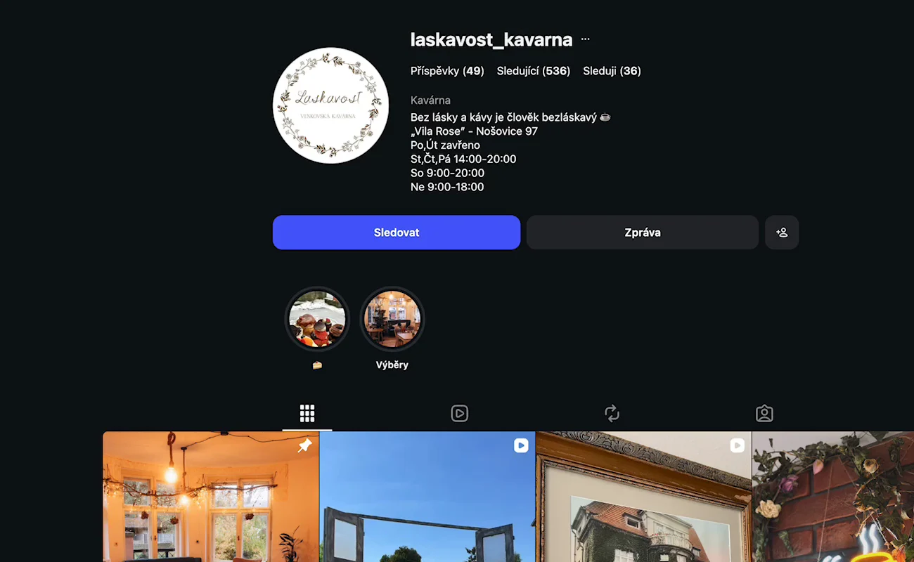 Profil kavárny na Instagramu, ze kterého Snázka načte fotky a texty