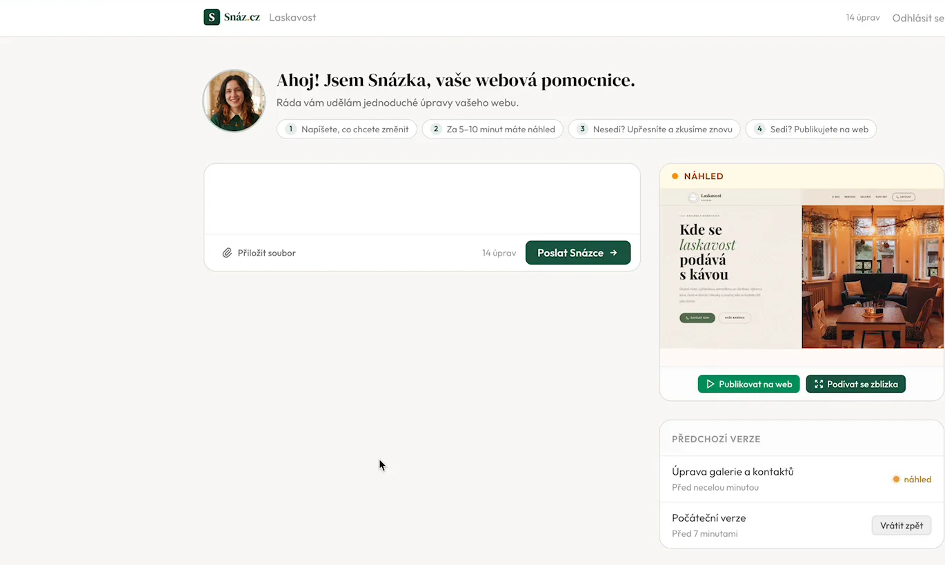 Portál Snáz: pole pro úpravu webu větou, náhled a historie předchozích verzí