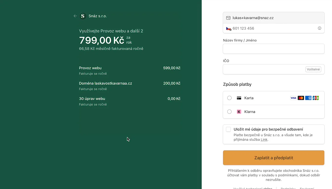 Pokladna s cenou 799 Kč za rok včetně domény a 30 úprav